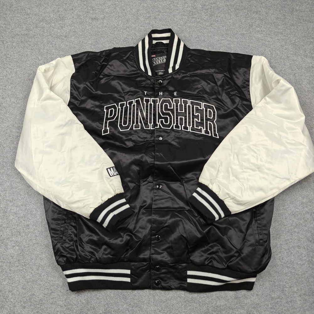 Marvel The Punisher Jacket Mens 2XL Black Varsity Satin Skull Graphic Quilted